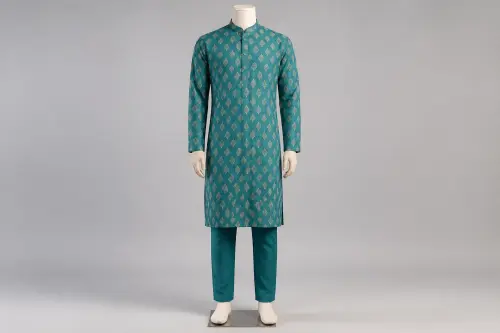 Teal Block Print Kurta Pajama – Men's Teal Block Print Set | Custom Tailored