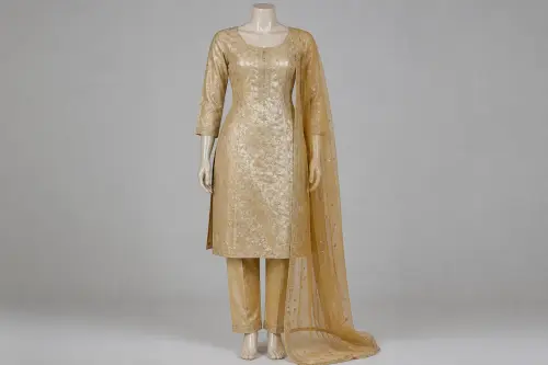 Gold Metallic Tissue Festive Kameez – Champagne Gold Brocade Salwar Set | Custom Tailored
