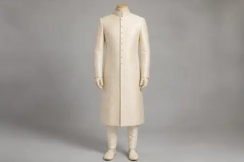 Cream Banarasi Sherwani – Men's Cream Banarasi Wedding Sherwani + Churidar | Custom Tailored