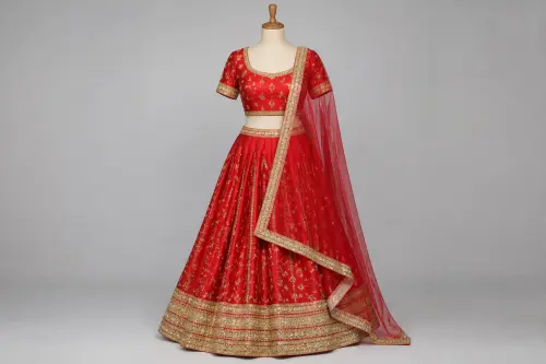 Tomato Red Gota Lace Lehenga – Bright Red Silk Lehenga with Gota | Custom Tailored