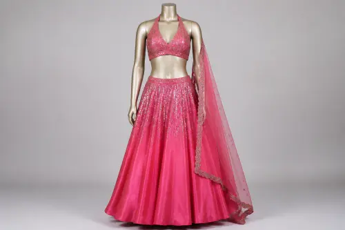 Hot Pink Sequin Party Lehenga – Satin Lehenga with Sequin Choli | Custom Tailored