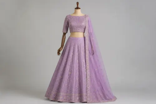 Lilac Resham Boat Neck Lehenga – Soft Silk Lehenga with Embroidery | Custom Tailored