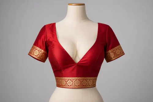 Royal Zari V-Neck Blouse – Red Silk Blend Designer Blouse with Gold Border | Custom Tailored