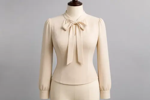Beige Tie-Neck Blouse – Beige Crepe Western Tie-Neck Blouse | Custom Tailored
