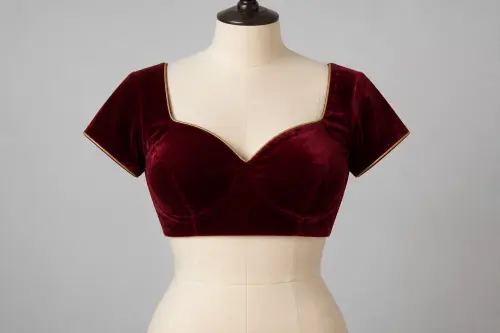 Burgundy Velvet Sweetheart Blouse – Designer Velvet Blouse with Gold Piping | Custom Tailored