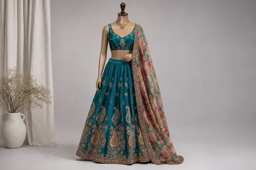 Teal Resham Floral Lehenga – Dupion Silk Lehenga with Paisley Resham Embroidery | Custom Tailored