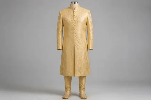 Gold Banarasi Sherwani – Men's Gold Banarasi Wedding Sherwani + Churidar | Custom Tailored