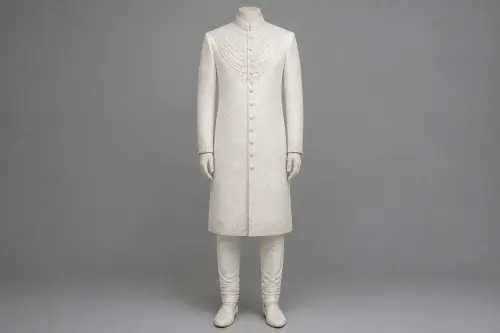 White Pearl Work Sherwani – Men's White Pearl Work Wedding Sherwani + Churidar | Custom Tailored