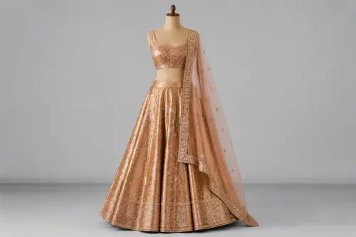 Copper Tissue Jaal Lehenga – Rose-Gold Metallic Lehenga | Custom Tailored