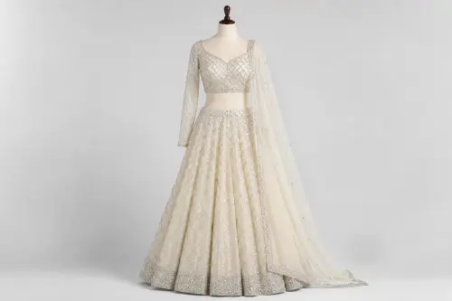 Ivory Sequin Reception Lehenga – Cream Georgette Lehenga with Silver Sequin Jaal | Custom Tailored