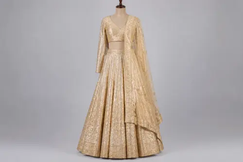 Champagne Tissue Brocade Lehenga – Gold Tissue Lehenga with Woven Jaal | Custom Tailored
