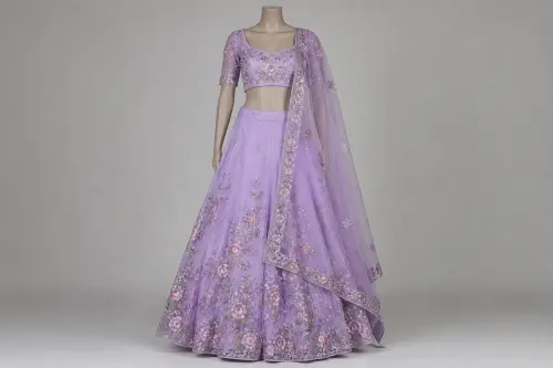 Lavender Organza Floral Lehenga – Pastel Lehenga with Resham Florals | Custom Tailored