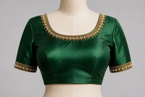 Emerald Moti Round Neck Blouse – Green Silk Satin Designer Blouse with Pearl Embroidery | Custom Tailored