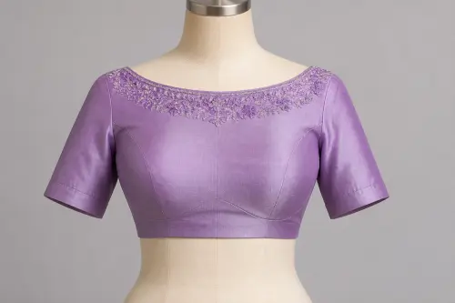 Lavender Thread Work Boat Neck Blouse – Soft Silk Designer Blouse with Floral Resham | Custom Tailored