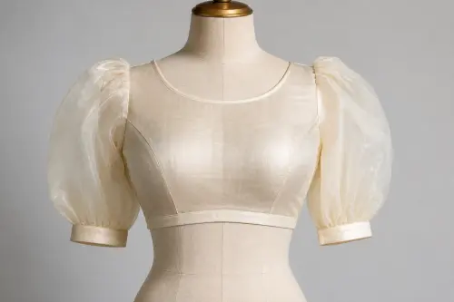 Ivory Organza Puff Sleeve Blouse – Round Neck Designer Blouse with Puff Sleeves | Custom Tailored