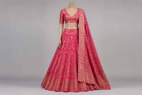 Fuchsia Brocade Party Lehenga – Pink Silk Brocade Lehenga with Gold Zari | Custom Tailored
