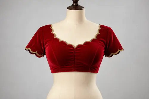Red Velvet Scallop Neck Blouse – Designer Velvet Blouse with Scalloped Neckline | Custom Tailored