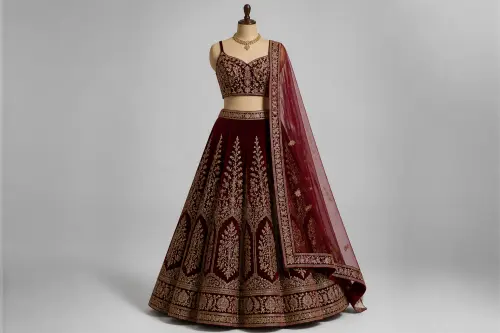 Maroon Velvet Wedding Lehenga – Deep Maroon Velvet Lehenga with Gold Cord Piping | Custom Tailored