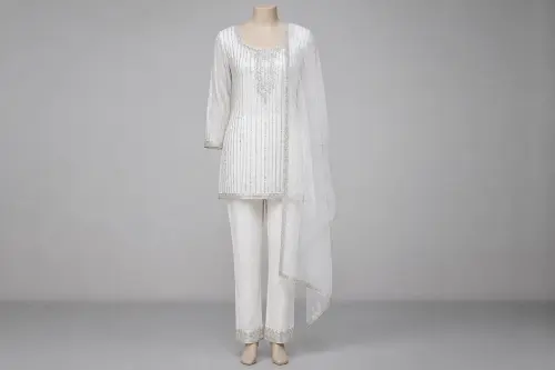 White Gold Reception Kurti Set – White Georgette with Lining Kurti with Straight pants | Custom Tailored