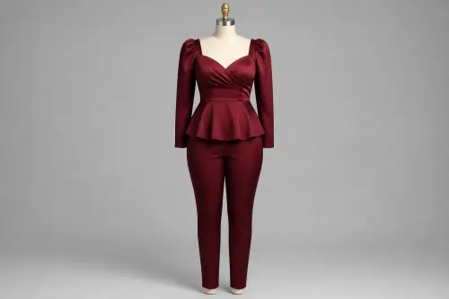 Wine Peplum Pencil Co-ord – Wine Peplum Top with Pencil Pants | Custom Tailored