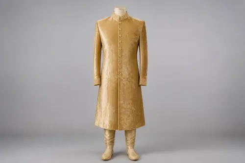 Gold Velvet Sherwani – Men's Gold Velvet Wedding Sherwani + Churidar | Custom Tailored