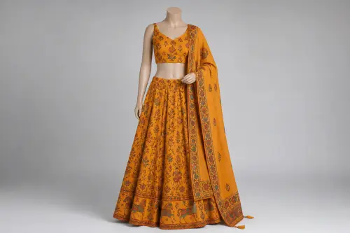 Turmeric Orange Kalamkari Lehenga – Cotton Silk Hand-Print Lehenga | Custom Tailored