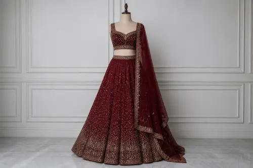 Wine Georgette Sequin Lehenga – Burgundy Lehenga with Sequin Spray | Custom Tailored