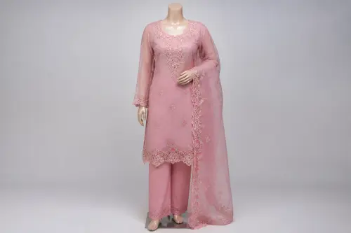 Rose Pink Cutwork Salwar Kameez – Organza with Floral Lace Panels | Custom Tailored