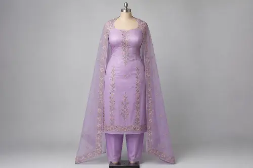Lavender Organza Floral Salwar Kameez – Lilac Organza with Resham Florals | Custom Tailored