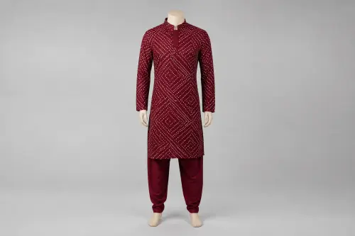 Maroon Bandhani Kurta Pajama – Men's Maroon Bandhani Ethnic Set | Custom Tailored