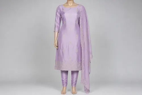Lilac Resham Boat Neck Churidar Kameez – Soft Silk with Embroidery | Custom Tailored