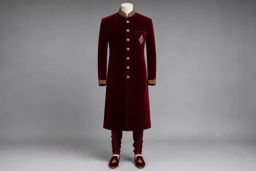 Maroon Velvet Sherwani – Men's Maroon Velvet Wedding Sherwani + Churidar | Custom Tailored