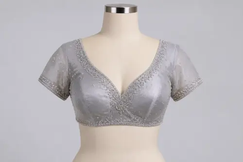 Silver Grey Crystal V-Neck Blouse – Organza Silk Designer Blouse with Crystal Work | Custom Tailored