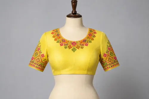 Lemon Yellow Phulkari Inspired Blouse – Silk Cotton Round Neck Blouse with Geometric Embroidery | Custom Tailored