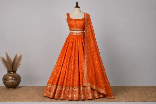Sunset Orange Bandhani Lehenga – Gaji Silk Tie-Dye Lehenga | Custom Tailored