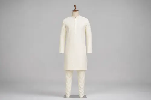Cream Lucknowi Kurta Pajama – Men's Cream Lucknowi Embroidered Set | Custom Tailored
