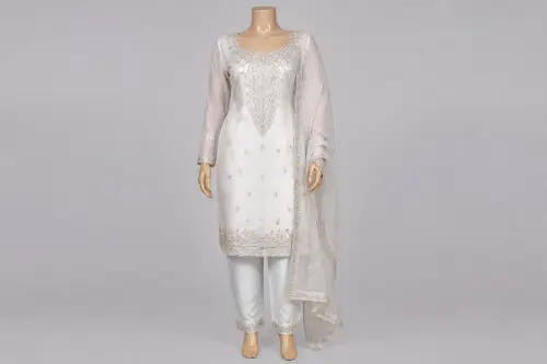 White Gold Reception Salwar Kameez – White Georgette with Silver-Gold Sequin | Custom Tailored