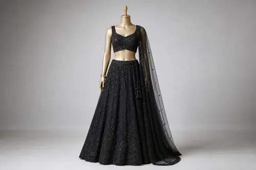 Charcoal Black Sequin Lehenga – Georgette Lehenga with Tonal Sequins | Custom Tailored