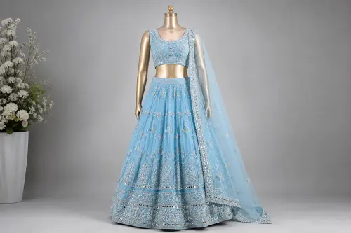 Sky Blue Mirror Moti Lehenga – Georgette Lehenga with Mirror and Pearl Work | Custom Tailored