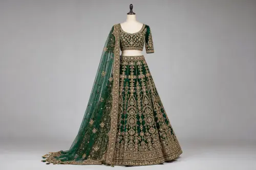 Emerald Zardozi Bridal Lehenga – Green Velvet Silk Lehenga with Heavy Gold Embroidery | Custom Tailored