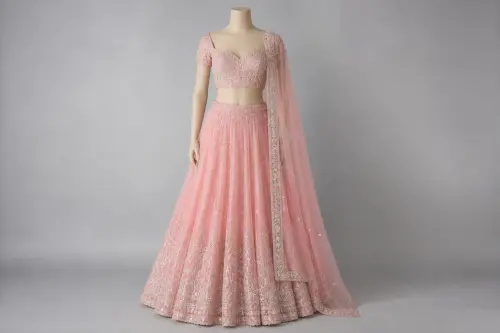 Pastel Pink Sequin Lehenga – Soft Pink Georgette Lehenga | Custom Tailored