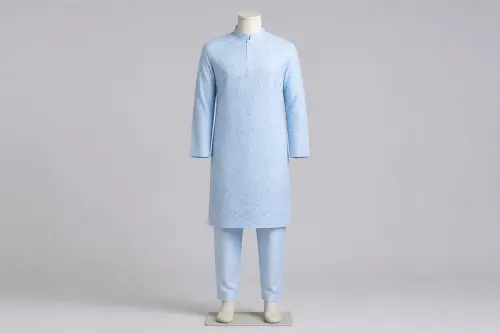 Pastel Blue Chikankari Kurta Pajama – Men's Pastel Blue Chikankari Set | Custom Tailored
