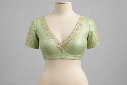 Mint Green Resham V-Neck Blouse – Soft Silk Designer Blouse with Thread Embroidery | Custom Tailored