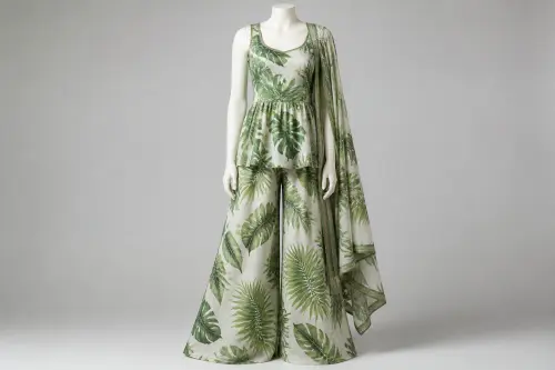 Tropical Leaf Print Kurti Set – Green Tropical Print Cotton Kurti with Palazzo | Custom Tailored