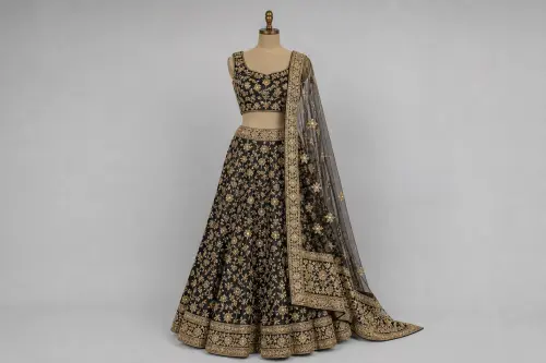 Black Gold Jaal Lehenga – Black Silk Brocade Lehenga with Gold Floral Jaal | Custom Tailored