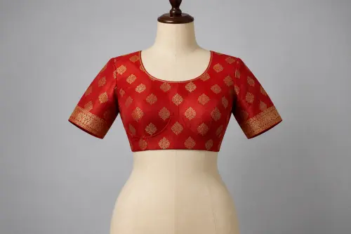 Crimson Banarasi Silk Blouse – Round Neck Gold Buti Designer Blouse | Custom Tailored