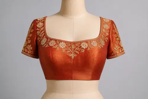 Rust Aari Work Square Neck Blouse – Silk Designer Blouse with Kashmiri Aari Embroidery | Custom Tailored