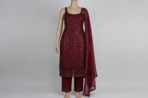 Wine Georgette Sequin Party Kameez – Burgundy Party Wear Salwar Kameez | Custom Tailored