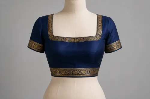 Midnight Zari Square Neck Blouse – Navy Blue Silk Blend Designer Blouse with Gold Border | Custom Tailored