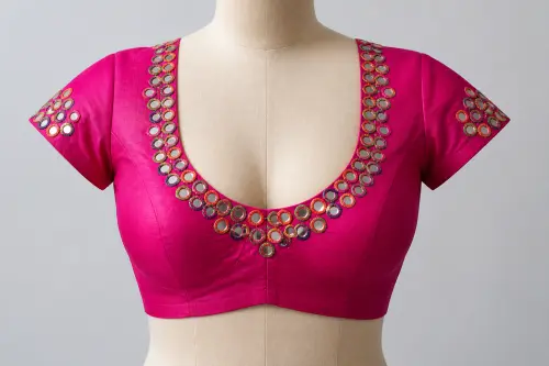 Magenta Mirror Work U-Neck Blouse – Pink Silk Blouse with Traditional Mirror Embroidery | Custom Tailored